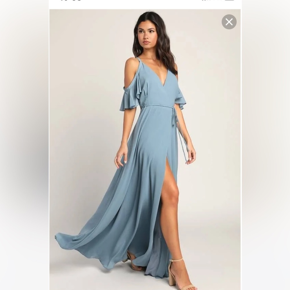 Lulus Easy listening Slate blue cold shoulder wrap maxi dress - Picture 3 of 4
